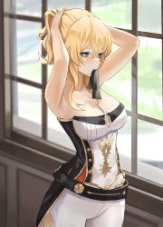Rule 34 | 1girl, absurdres, armpits, arms behind head, arms up, bad id, bad pixiv id, bare arms, belt, black belt, black ribbon, blonde hair, blue eyes, blush, breasts, cleavage, cowboy shot, day, dolri, genshin impact, hair tie in mouth, hairdressing, highres, indoors, jean (genshin impact), long hair, looking to the side, medium breasts, mouth hold, ponytail, ribbon, solo, standing, tying hair, window