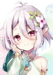 Rule 34 | 1girl, antenna hair, bare shoulders, blush, closed mouth, collarbone, commentary request, detached sleeves, dress, flower, green sleeves, hair between eyes, hair flower, hair ornament, hand on own face, hand up, head tilt, kokkoro (princess connect!), long sleeves, looking at viewer, miyase mahiro, pointy ears, princess connect!, puffy long sleeves, puffy sleeves, red eyes, see-through, see-through sleeves, silver hair, sleeveless, sleeveless dress, smile, solo, split mouth, white dress, white flower