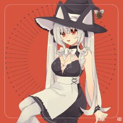 Rule 34 | 1girl, absurdres, apron, bow, breasts, cleavage, eyelashes, grey hair, hat, hat bell, hat with ears, highres, kotone0220, long hair, looking at viewer, open mouth, pantyhose, red background, red eyes, sitting, solo, twintails, very long hair, vrchat, waist apron, white apron, white bow, white pantyhose, witch hat, wrist cuffs
