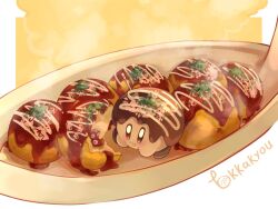 Rule 34 | blush, brown eyes, closed mouth, commentary request, copy ability, eating, food, food focus, food on face, full body, highres, kirby, kirby (series), nintendo, no humans, plate, steam, takoyaki, tokkakyou, twitter username