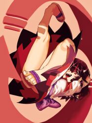 Rule 34 | 1girl, arms behind back, arrow (symbol), black hair, commentary, cone horns, dress, feet, highres, horns, kijin seija, legs, looking at viewer, multicolored hair, one eye closed, open mouth, pink background, red eyes, red hair, sandals, short hair, short sleeves, simple background, solo, streaked hair, toenails, toes, touhou, turtle-kun, white dress, white hair