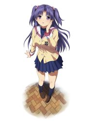 Rule 34 | 00s, 1girl, blue hair, blue socks, clannad, hair bobbles, hair ornament, hand on own cheek, hand on own face, highres, ichinose kotomi, kneehighs, loafers, long hair, mokkei, purple eyes, school uniform, shoes, socks, twintails, two side up