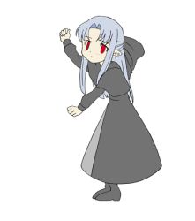 Rule 34 | 00s, 1girl, animated, animated gif, blush, boots, bow, capelet, dancing, dress, expressionless, flat color, hair bow, half updo, hiroyuki, len (tsukihime), long hair, lowres, pointy ears, red eyes, silver hair, solo, the monkey, tsukihime