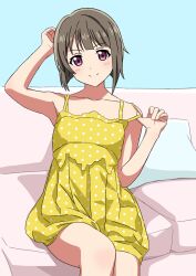 Rule 34 | 1girl, blue background, blush, breasts, camisole, collarbone, commentary, couch, hands up, highres, kousuke0912, light brown hair, looking at viewer, love live!, love live! nijigasaki high school idol club, nakasu kasumi, on couch, pillow, pink eyes, polka dot camisole, pulling own clothes, short hair, sitting, small breasts, smile, solo, split mouth, strap pull, thighs, v-shaped eyebrows, yellow camisole