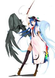Rule 34 | 1girl, adapted costume, black thighhighs, blue hair, bow, brown footwear, cross-laced footwear, dress, full body, guilty gear, hinanawi tenshi, holding, large bow, long dress, long hair, looking at viewer, neck ribbon, necro (guilty gear), puffy short sleeves, puffy sleeves, rainbow gradient, rainbow order, red eyes, ribbon, shadow, shoes, short sleeves, skirt hold, smile, solo, standing, sword of hisou, tetsurou (fe+), thighhighs, touhou, undine (guilty gear), white dress