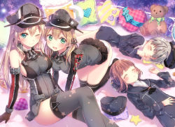 Rule 34 | 10s, 4girls, all fours, beer mug, bismarck (kancolle), black dress, black gloves, black legwear, blonde hair, blue eyes, blush, breasts, brown hair, clothes writing, cup, detached sleeves, dress, closed eyes, gloves, green eyes, hat, unworn hat, unworn headwear, kantai collection, large breasts, long sleeves, low twintails, lying, military, military uniform, mug, multiple girls, neckerchief, on back, on side, one eye closed, open mouth, panties, pillow, pleated skirt, prinz eugen (kancolle), riichu, sailor hat, school uniform, serafuku, shirt, sideboob, silver hair, sitting, skirt, sleeping, smile, star (symbol), stuffed animal, stuffed toy, teddy bear, thighhighs, twintails, underwear, uniform, white panties, z1 leberecht maass (kancolle), z3 max schultz (kancolle), zettai ryouiki
