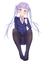 Rule 34 | 10s, 1girl, black pantyhose, breasts, caibao return, highres, long hair, looking at viewer, new game!, panties, panties under pantyhose, pantyhose, pantyshot, purple eyes, purple hair, small breasts, smile, solo, suzukaze aoba, twintails, underwear