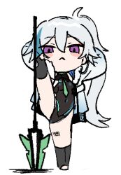 Rule 34 | 1girl, black leotard, blue hair, chibi, ephnel, grey hair, lance, leotard, looking at viewer, mel (dodosae), multicolored hair, polearm, ponytail, purple eyes, solo, soulworker, standing, standing on one leg, twitter, two-tone hair, weapon