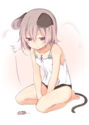 Rule 34 | 1girl, akagashi hagane, animal ears, bare shoulders, barefoot, between legs, black panties, breasts, camisole, collarbone, covered erect nipples, ears down, grey hair, hand between legs, jewelry, mouse (animal), mouse ears, mouse tail, nazrin, panties, pendant, red eyes, short hair, sitting, small breasts, solo, sweat, tail, touhou, translated, underwear, v arms