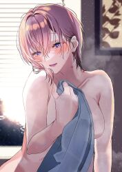Rule 34 | 1girl, absurdres, backlighting, blanket, blue eyes, blush, breasts, commentary request, covering privates, go-toubun no hanayome, hair between eyes, hickey, highres, holding, holding blanket, indoors, large breasts, looking at viewer, messy hair, nakano ichika, nude cover, nununu (nununu386), open mouth, pink hair, short hair, smile, solo, waking up