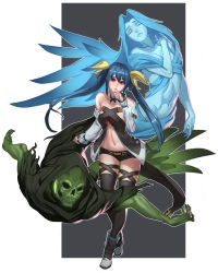 Rule 34 | 1girl, absurdres, ankle boots, asymmetrical wings, bare shoulders, black thighhighs, blue hair, boots, breasts, detached collar, detached sleeves, dizzy (guilty gear), dog hate burger, full body, guilty gear, hair ribbon, highres, lips, long hair, navel, necro (guilty gear), red eyes, ribbon, short shorts, shorts, solo, strapless, tail, tail ornament, tail ribbon, thighhighs, undine (guilty gear), wings