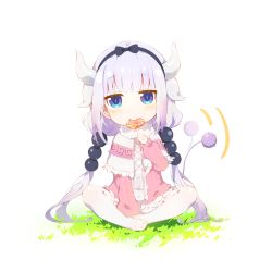 Rule 34 | 1girl, beads, between legs, blue eyes, candy, capelet, deany, dragon horns, dress, eating, food, hair beads, hair ornament, hairband, hand between legs, highres, horns, kanna kamui, knees apart feet together, kobayashi-san chi no maidragon, lollipop, long hair, low twintails, motion blur, pink dress, pink hair, ribbon, short dress, sitting, solo, tail, tail wagging, thighhighs, twintails, white capelet, white thighhighs