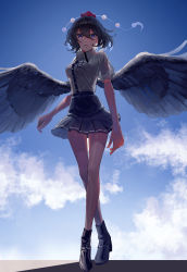 Rule 34 | 1girl, absurdres, alternate eye color, bare legs, black footwear, black hair, black ribbon, black skirt, black wings, blue eyes, blue sky, boots, breasts, cloud, commentary request, day, eit (ikeuchi), feathered wings, full body, hair between eyes, hat, highres, looking at viewer, medium breasts, miniskirt, neck ribbon, outdoors, parted lips, pleated skirt, pom pom (clothes), puffy short sleeves, puffy sleeves, ribbon, shameimaru aya, shirt, short hair, short sleeves, skirt, sky, solo, standing, tassel, thighs, tokin hat, touhou, white shirt, wing collar, wings
