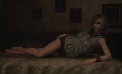 Rule 34 | 1girl, 3d, arm support, artist request, barefoot, bed, breasts, full body, heather mason, highres, jacket, lips, looking at viewer, lying, medium breasts, on bed, short hair, silent hill, silent hill (series), silent hill 3, skirt, sleeveless, sleeveless turtleneck, solo, turtleneck, vest, wristband