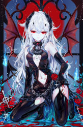 Rule 34 | 1girl, artist name, bare shoulders, black thighhighs, blood, breasts, commentary, demon tail, demon wings, hair between eyes, high heels, highres, kneeling, long hair, navel, original, parted lips, pointy ears, red eyes, sheya, signature, silver hair, sleeveless, small breasts, solo, stomach, tail, thighhighs, thighs, wings
