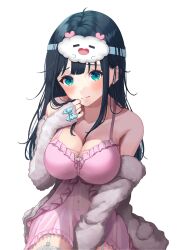 Rule 34 | 1girl, amano nene (vtuber), amano nene (vtuber) (pajama), aqua eyes, black hair, bloomers, blush, breasts, character mask, cleavage, cloudtomo (amano nene), cowboy shot, embarrassed, frilled nightgown, fur jacket, garter straps, hand up, highres, invisible chair, jacket, lace, lace-trimmed thighhighs, large breasts, long hair, looking at viewer, mask, mask on head, messy hair, nightgown, official alternate costume, official alternate hairstyle, open clothes, open jacket, parted hair, pink bloomers, pink nightgown, production kawaii, see-through, shima koushi, simple background, sitting, sleep mask, sleepwear, solo, thighhighs, underwear, virtual youtuber, white background, white garter straps, white jacket