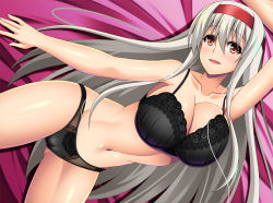 Rule 34 | 1girl, black bra, black panties, bra, breasts, brown eyes, cameltoe, headband, kantai collection, lace, lace-trimmed bra, lace panties, lace trim, large breasts, long hair, lying, militia minpei, navel, on back, panties, red headband, shoukaku (kancolle), solo, underwear, underwear only, white hair