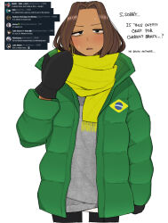 Rule 34 | 1girl, blush, brazil (ohasi), brazilian flag, brown hair, coat, earrings, gloves, highres, jewelry, long hair, long sleeves, looking at viewer, ohasi, open mouth, original, scarf, solo, sweat, sweater, twitter, winter clothes, winter coat