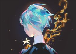 Rule 34 | 1other, androgynous, aqua hair, black background, colored eyelashes, commentary request, cracked skin, crystal hair, flower, from behind, golden arms, green hair, holding, holding flower, houseki no kuni, koichame, nape, phosphophyllite, short hair, signature, solo, white flower