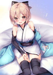 Rule 34 | 1girl, :d, ahoge, arm guards, ayuma sayu, bare shoulders, black bow, black panties, black thighhighs, blush, bow, breasts, brown eyes, collarbone, commentary request, dutch angle, fate/grand order, fate (series), fingernails, hair between eyes, hair bow, haori, japanese clothes, kimono, koha-ace, light brown hair, long sleeves, looking at viewer, medium breasts, nail polish, nose blush, obi, off shoulder, okita souji (fate), okita souji (koha-ace), open mouth, panties, red nails, sash, short hair, short kimono, sitting, sleeveless, sleeveless kimono, sleeves past wrists, smile, solo, thighhighs, underwear, wavy mouth, white kimono, wide sleeves