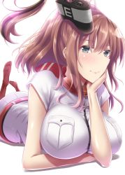 Rule 34 | 10s, 1girl, belt, blouse, blue eyes, breasts, brown hair, buttons, eyebrows, funnel, hand on own chin, highres, kantai collection, large breasts, lips, long hair, lying, neckerchief, on stomach, ponytail, red belt, red legwear, saratoga (kancolle), shiroshimu, shirt, short sleeves, simple background, smile, solo, white shirt