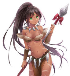 Rule 34 | 1girl, bad id, bad pixiv id, brown hair, dark-skinned female, dark skin, forehead jewel, green eyes, hamamo, league of legends, long hair, looking at viewer, midriff, navel, necklace, nidalee, polearm, ponytail, solo, spear, tattoo, tooth necklace, tribal tattoo, weapon