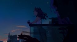 Rule 34 | 1boy, 1girl, balcony, building, camisole, closed mouth, commentary request, crop top, cup, drink, drinking glass, earrings, closed eyes, highres, holding, holding drink, jewelry, long hair, mmmilk, moon, night, night sky, original, profile, purple hair, shorts, silhouette, sky, smoking, solo focus, star (sky), stud earrings, white camisole, wine glass