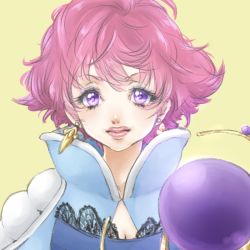 Rule 34 | 1girl, breasts, earrings, eyelashes, harold berselius, jewelry, lace, lips, lipstick, makeup, nyanyacchi, pink hair, purple eyes, short hair, solo, staff, tales of (series), tales of destiny 2, yellow background