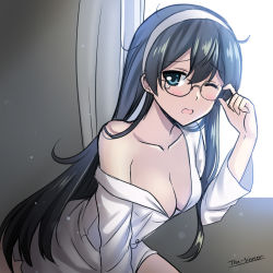 Rule 34 | 10s, 1girl, adjusting eyewear, artist name, black hair, blue eyes, blush, breasts, curtains, dress shirt, glasses, hairband, highres, kantai collection, kneeling, long hair, looking at viewer, medium breasts, naked shirt, off shoulder, one eye closed, ooyodo (kancolle), open mouth, shirt, solo, tears, the-sinner, window