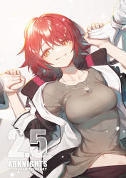 Rule 34 | 1boy, 2girls, anniversary, arknights, blush, breasts, clothes lift, commentary request, dog tags, energy wings, exusiai (arknights), gloves, grey shirt, halo, hands up, happy, highres, holding hands, jacket, looking at viewer, looking to the side, lying, medium breasts, medium hair, midriff peek, multiple girls, navel, on back, open clothes, open jacket, orange eyes, red eyes, red hair, shirt, shirt lift, sho (sumika), smile, solo focus, white gloves
