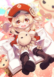 Rule 34 | 1girl, ahoge, backpack, bag, blonde hair, blush, boots, breasts, brown footwear, brown gloves, cabbie hat, child, clover print, dodoco (genshin impact), dress, genshin impact, gloves, hat, hat feather, highres, jumpy dumpty, klee (genshin impact), knee boots, long sleeves, looking at viewer, low twintails, medium hair, open mouth, pointy ears, red dress, red eyes, red headwear, sidelocks, small breasts, smile, suga hideo, thighs, twintails