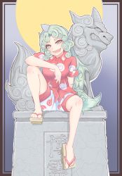 Rule 34 | 1girl, animal ears, bare legs, barefoot, buttons, cloud print, collared shirt, commentary request, cube85, curly hair, full body, full moon, geta, green eyes, green hair, head tilt, highres, horns, knee up, komainu, komano aunn, long hair, looking at viewer, moon, open mouth, red shirt, shirt, short sleeves, shorts, single horn, sitting, slit pupils, smile, solo, statue, tail, thick eyebrows, touhou, translation request, very long hair, white shorts, wing collar