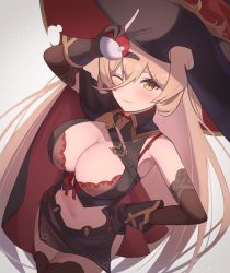 Rule 34 | 1girl, blonde hair, blush, bra, bra strap, breasts, cape, cleavage, closed mouth, clothing cutout, collared dress, cowboy shot, dress, fang, from above, gloves, gradient background, hair between eyes, hand on own hip, hat, heart, highres, large breasts, long bangs, long hair, looking at viewer, miniskirt, navel, navel cutout, nijisanji, nui sociere, nui sociere (1st costume), one eye closed, partially fingerless gloves, poke ball, sanukiske, simple background, skin fang, skirt, sleeveless, sleeveless dress, smile, thighhighs, underwear, very long hair, virtual youtuber, w, witch hat, yellow eyes, zettai ryouiki
