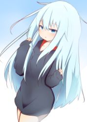 Rule 34 | 1girl, absurdres, black hoodie, blue background, blue eyes, blue hair, collarbone, commentary request, dutch angle, gradient background, hair between eyes, hand up, hibiki (kancolle), highres, hood, hood down, hoodie, idaten93, kantai collection, long hair, long sleeves, no pants, sleeves past wrists, solo, very long hair, white background