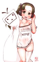 Rule 34 | 1girl, alternate costume, ayanami (azur lane), ayanami (kancolle), ayanami (niconico) (azur lane), azur lane, brown hair, commentary request, cowboy shot, crossover, dakimakura (object), dated, green eyes, headphones, highres, historical name connection, kanon (kurogane knights), kantai collection, logo, long hair, looking at viewer, naked shirt, name connection, nico nico seiga, no bra, no panties, pillow, shirt, side ponytail, simple background, single thighhigh, solo, thighhighs, white background, white shirt, white thighhighs