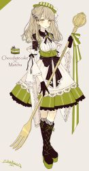 Rule 34 | 1girl, akakura, artist name, black gloves, black ribbon, black socks, boots, bow, brooch, cake, chocolate cake, cross-laced footwear, cross tie, detached sleeves, english text, food, fork, full body, gloves, green eyes, green hat, green ribbon, green theme, grey background, grey hair, hat, high heel boots, high heels, highres, holding, holding fork, jewelry, knee boots, kneehighs, lace-trimmed sleeves, lace trim, long hair, looking at viewer, neck ribbon, original, oversized object, personification, platform footwear, ribbon, sash, simple background, socks, solo, striped clothes, striped headwear, striped neckwear, striped ribbon, striped socks, underbust, vertical-striped clothes, vertical-striped headwear, vertical-striped socks, vertical-stripes, waist bow