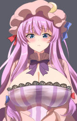 Rule 34 | 1girl, blunt bangs, breasts, bun cover, cleavage, crescent, crescent hair ornament, crescent hat ornament, double bun, dress, hair bun, hair ornament, hat, hat ornament, highres, large breasts, long hair, mob cap, namiki (remiter00), patchouli knowledge, purple dress, purple eyes, purple hair, purple hat, solo, striped clothes, striped dress, touhou, vertical-striped clothes, vertical-striped dress, very long hair