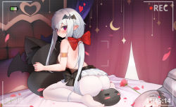 Rule 34 | 1girl, armlet, ass, bare shoulders, bat hair ornament, battery indicator, bed, blush, bow, braid, breasts, brown leotard, canopy bed, commentary request, crescent, curtains, flower, grey hair, haidaita, hair bow, hair ornament, highres, leotard, long hair, low ponytail, medium breasts, no shoes, on bed, original, pantyhose, petals, pleated skirt, pointy ears, ponytail, purple eyes, recording, red bow, red flower, sitting, skindentation, skirt, soles, solo, thighs, very long hair, viewfinder, wariza, white pantyhose, white skirt