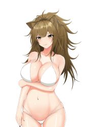 Rule 34 | 1girl, animal ears, arknights, bare arms, bare shoulders, bikini, black nails, breast hold, breasts, brown eyes, brown hair, collarbone, commentary, cowboy shot, english commentary, groin, highres, holding own arm, large breasts, lion ears, long hair, looking at viewer, nail polish, navel, shiny skin, siege (arknights), simple background, smile, solo, standing, stomach, swimsuit, vik (xypt7474), white background, white bikini