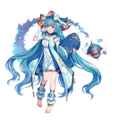 Rule 34 | 1girl, blue hair, coat, d:, detached sleeves, dress, fingernails, full body, hand up, highres, holding, holding pillow, long hair, looking at viewer, open clothes, open coat, open mouth, original, pigeon-toed, pillow, red eyes, shichigatsu, short dress, simple background, sleeveless, sleeveless coat, solo, toenails, very long hair, white background, white dress
