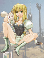 Rule 34 | 1990s (style), 1girl, blonde hair, boots, breasts, cleavage, excel, excel saga, fang, female focus, fingerless gloves, full body, gloves, green eyes, menchi, open mouth, outdoors, plant, shorts, sitting, sky, solo, spread legs