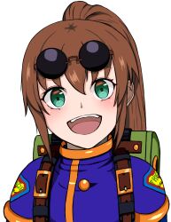 Rule 34 | 1girl, :d, blush, brown hair, eyewear on head, green eyes, highres, long hair, looking at viewer, open mouth, ponytail, precis neumann, simple background, smile, solo, star ocean, star ocean the second story, sunglasses, white background, yanks
