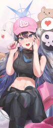 Rule 34 | 1girl, bag, baseball cap, black hair, black pants, black shirt, blanc (whit blanc), blue archive, blue eyes, blue hair, blush, bottle, breasts, colored inner hair, commentary, crop top, hair between eyes, hat, head tilt, heart, highres, holding, holding bottle, knee pads, knees together feet apart, large breasts, long hair, looking at viewer, lotion bottle, multicolored hair, navel, open mouth, pants, peroro (blue archive), pink hat, saori (blue archive), shirt, shopping bag, sitting, smile, speech bubble, spoken heart, stomach, straight hair, sweat, two-tone hair, very long hair