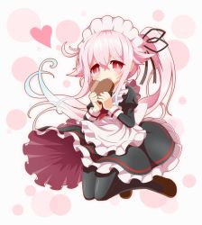 Rule 34 | 10s, 1girl, adapted costume, alternate costume, apron, beret, blue hair, blush, candy, chocolate, chocolate heart, commentary request, enmaided, food, frills, gradient hair, harusame (kancolle), hat, heart, kantai collection, long hair, looking at viewer, maid, maid apron, maid headdress, multicolored hair, neru (neruneruru), open mouth, pink eyes, pink hair, red eyes, side ponytail, smile, solo, valentine