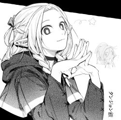 Rule 34 | 1girl, braid, capelet, choker, closed mouth, commentary, copyright name, dungeon meshi, elf, greyscale, hair over shoulder, hair ribbon, hands up, highres, korean commentary, light smile, long hair, long sleeves, looking at viewer, low twin braids, marcille donato, monochrome, multiple views, own hands together, pointy ears, ribbon, smile, star (symbol), steepled fingers, twin braids, upper body, yongsa (y0ngs4)