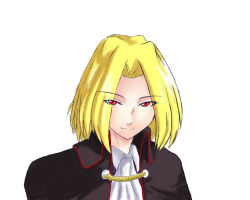 Rule 34 | 00s, 1boy, ascot, blonde hair, closed mouth, collar, grey background, looking at viewer, male focus, melty blood, red eyes, simple background, smirk, solo, teipa, tsukihime, wallachia
