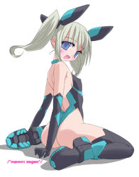 Rule 34 | 1girl, ass, blonde hair, blue eyes, blush, boots, bow, chocomark, elbow gloves, covered erect nipples, flat chest, gloves, hair bow, halterneck, leotard, open mouth, original, sitting, solo, thigh boots, thighhighs, twintails, wariza