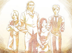 Rule 34 | 1girl, 3boys, ^ ^, ahoge, alphonse elric, arm behind back, beard, braid, brothers, closed eyes, collared shirt, crossed arms, dress, dress pants, dress shirt, edward elric, facial hair, family, father and son, formal, frown, fullmetal alchemist, glasses, hair over one eye, hand on shoulder, hands in pockets, hands on lap, husband and wife, legs together, long hair, low-tied long hair, mother and son, multiple boys, nagi-23, nagi yusura, necktie, parted lips, ponytail, popped collar, sepia, shirt, short hair, siblings, single braid, sitting, smile, standing, suit, time paradox, trisha elric, tuxedo, van hohenheim, vest