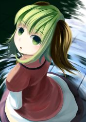 Rule 34 | 1girl, :o, animal ears, bad id, bad pixiv id, dress, female focus, from above, green eyes, green hair, kasodani kyouko, looking back, matching hair/eyes, open mouth, short hair, solo, standing, touhou, wading, water, xulhey