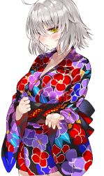 Rule 34 | 1girl, absurdres, ahoge, alternate costume, bad id, bad twitter id, blush, breasts, cleavage, collarbone, commentary request, fate/grand order, fate (series), floral print, highres, japanese clothes, jeanne d&#039;arc (fate), jeanne d&#039;arc alter (avenger) (fate), jeanne d&#039;arc alter (fate), kimono, kou mashiro, large breasts, long sleeves, looking at viewer, obi, open mouth, sash, short hair, short kimono, silver hair, simple background, solo, tsurime, white background, wide sleeves, yellow eyes